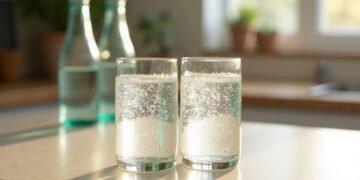 Deux verres d’eau pétillante identiques sur un plan de travail clair : eau gazeuse