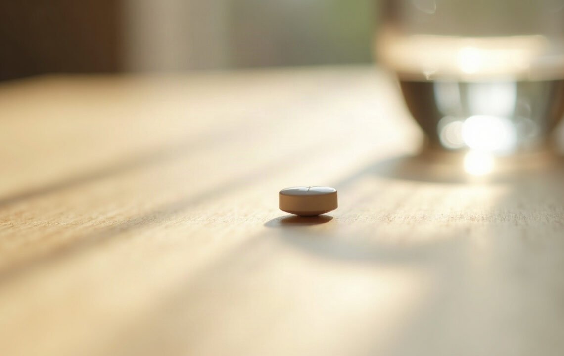 Comprimé blanc posé sur une table en bois près d un verre d eau, lumière du matin, effet nocebo