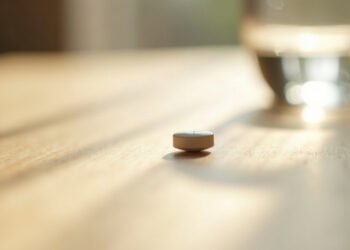 Comprimé blanc posé sur une table en bois près d un verre d eau, lumière du matin, effet nocebo