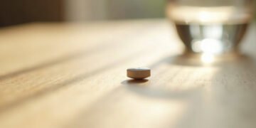 Comprimé blanc posé sur une table en bois près d un verre d eau, lumière du matin, effet nocebo