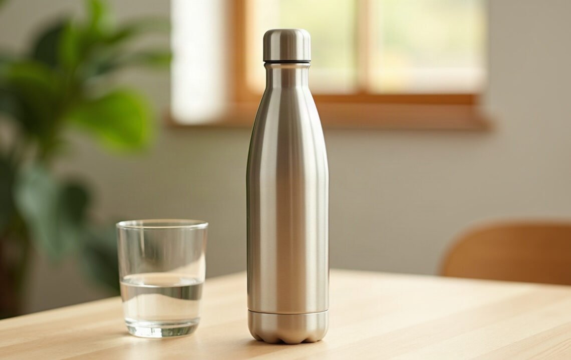 Gourde inox ou plastique : que choisir 1 Gourde inox brossee posee sur une table en bois clair pres d'un verre d'eau, lumiere naturelle du matin : gourde inox