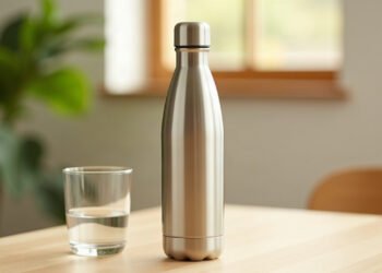 Gourde inox brossee posee sur une table en bois clair pres d'un verre d'eau, lumiere naturelle du matin : gourde inox