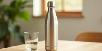 Gourde inox ou plastique : que choisir 2 Gourde inox brossee posee sur une table en bois clair pres d'un verre d'eau, lumiere naturelle du matin : gourde inox