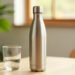 Gourde inox ou plastique : que choisir 7 Gourde inox brossee posee sur une table en bois clair pres d'un verre d'eau, lumiere naturelle du matin : gourde inox