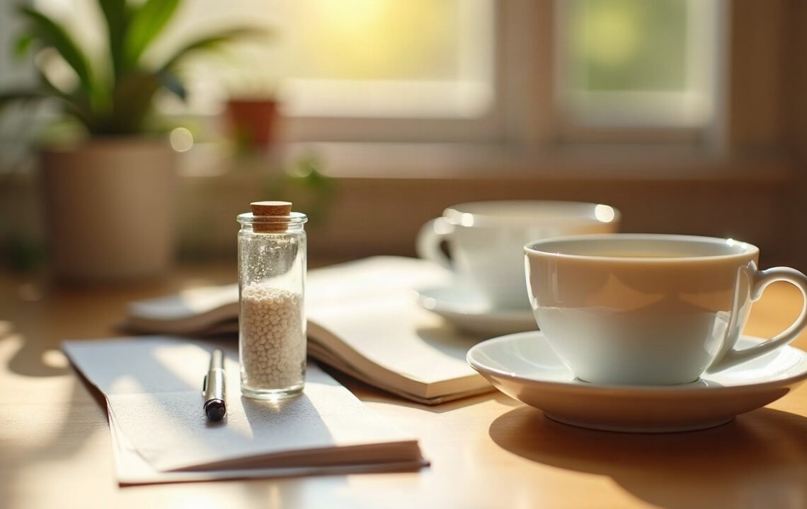 Homéopathie : ce qui est démontré 1 Tube de granules blancs posé près d’un carnet et de deux tasses de tisane : homéopathie