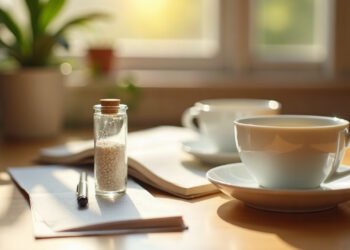 Tube de granules blancs posé près d’un carnet et de deux tasses de tisane : homéopathie