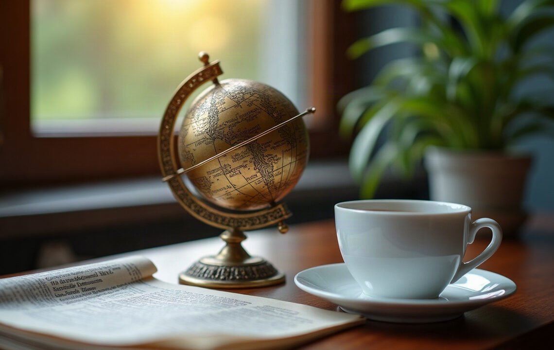 Sphère armillaire en laiton et journal ouvert sur un bureau au petit matin : horoscope