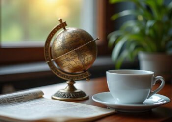 Sphère armillaire en laiton et journal ouvert sur un bureau au petit matin : horoscope