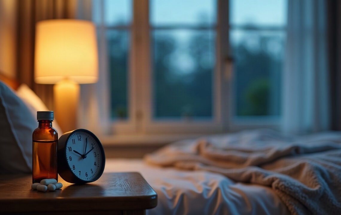 Mélatonine : ce qui est démontré 1 Flacon ambré de comprimés et horloge sur une table de chevet au crépuscule : mélatonine