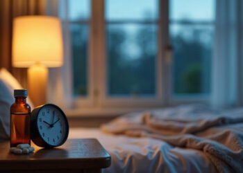 Flacon ambré de comprimés et horloge sur une table de chevet au crépuscule : mélatonine