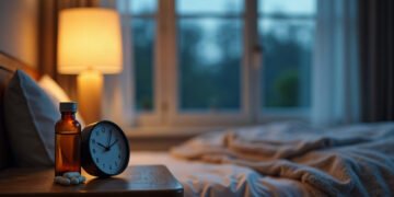 Flacon ambré de comprimés et horloge sur une table de chevet au crépuscule : mélatonine