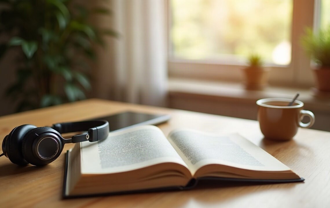 Casque audio posé près d'un livre ouvert sur un bureau en bois dans la lumière du matin : musique et concentration