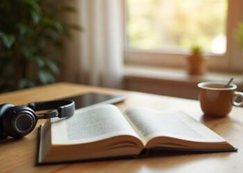 Casque audio posé près d'un livre ouvert sur un bureau en bois dans la lumière du matin : musique et concentration
