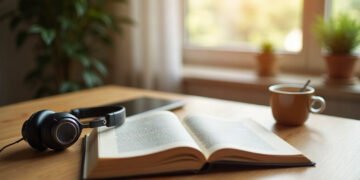 Casque audio posé près d'un livre ouvert sur un bureau en bois dans la lumière du matin : musique et concentration