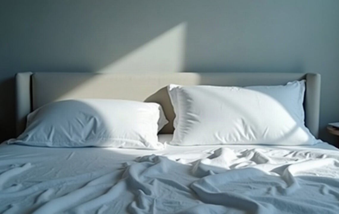 Paralysie du sommeil : le corps reste endormi 1 Lit défait éclairé par la lumière froide du petit matin dans une chambre immobile, paralysie du sommeil