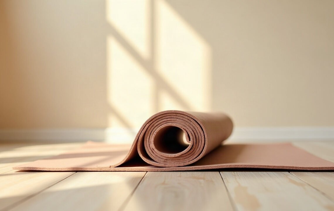 Pilates et ostéoporose : les mouvements à modifier 1 Tapis de Pilates à demi déroulé, la spirale au premier plan dans la lumière du matin, pilates et ostéoporose