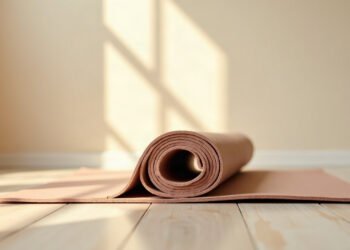 Tapis de Pilates à demi déroulé, la spirale au premier plan dans la lumière du matin, pilates et ostéoporose