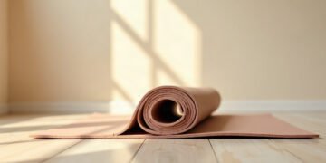 Tapis de Pilates à demi déroulé, la spirale au premier plan dans la lumière du matin, pilates et ostéoporose