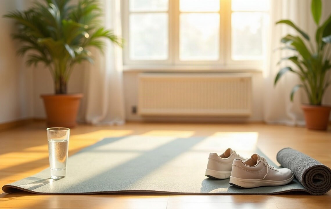 Pilates pendant la grossesse : les faux interdits 1 Tapis de sol deroule, chaussures de marche et verre d eau dans un salon clair au petit matin : Pilates pendant la grossesse