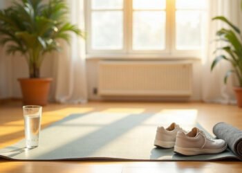 Tapis de sol deroule, chaussures de marche et verre d eau dans un salon clair au petit matin : Pilates pendant la grossesse