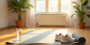 Pilates pendant la grossesse : les faux interdits 3 Tapis de sol deroule, chaussures de marche et verre d eau dans un salon clair au petit matin : Pilates pendant la grossesse