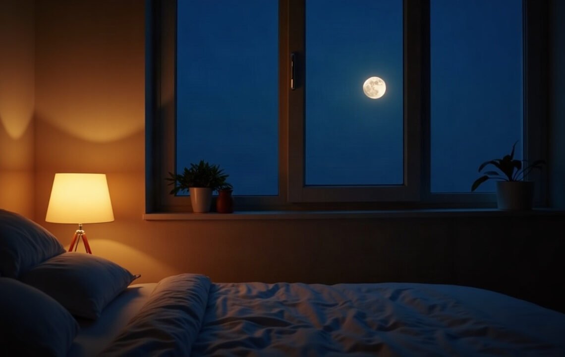 Pleine lune et sommeil : l’effet qui s’efface 1 Chambre la nuit, lampe de chevet allumée et pleine lune à la fenêtre : pleine lune et sommeil