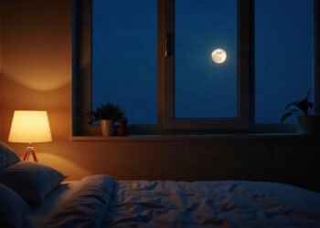 Chambre la nuit, lampe de chevet allumée et pleine lune à la fenêtre : pleine lune et sommeil