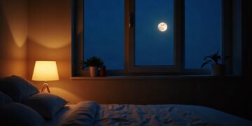 Pleine lune et sommeil : l’effet qui s’efface 3 Chambre la nuit, lampe de chevet allumée et pleine lune à la fenêtre : pleine lune et sommeil