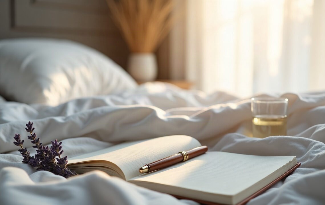 Le rêve lucide : ce qui est démontré 1 Carnet de rêves ouvert et stylo posés sur un lit clair au petit matin : rêve lucide