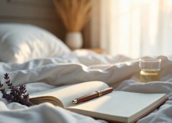 Carnet de rêves ouvert et stylo posés sur un lit clair au petit matin : rêve lucide