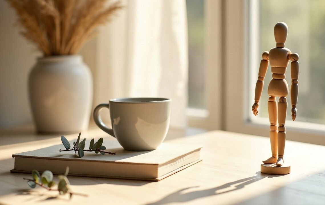 Mannequin articulé en bois debout près d’une fenêtre, carnet et tasse posés sur un bureau clair, lumière du matin : symbolique du corps