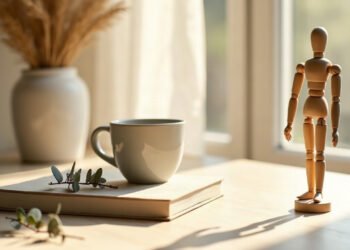 Mannequin articulé en bois debout près d’une fenêtre, carnet et tasse posés sur un bureau clair, lumière du matin : symbolique du corps