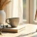 Mannequin articulé en bois debout près d’une fenêtre, carnet et tasse posés sur un bureau clair, lumière du matin : symbolique du corps