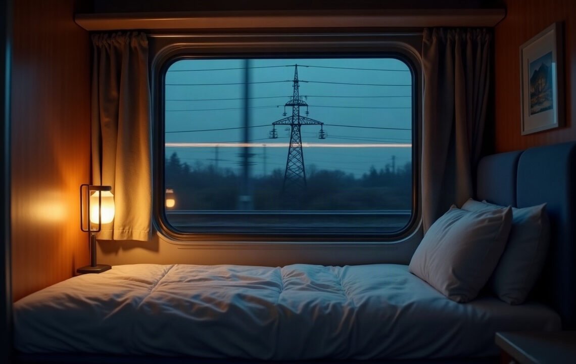 Couchette faite dans un compartiment de train de nuit, ligne électrique haute tension visible par la fenêtre - train de nuit