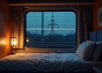 Couchette faite dans un compartiment de train de nuit, ligne électrique haute tension visible par la fenêtre - train de nuit