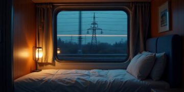 Couchette faite dans un compartiment de train de nuit, ligne électrique haute tension visible par la fenêtre - train de nuit