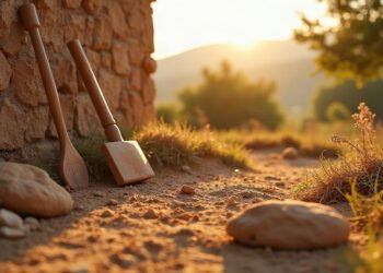 Outils en bois contre un muret en pierre sèche, chantier participatif d'éco-construction