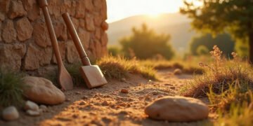 Vacances utiles : chantiers, écolieux, retraites 6 Outils en bois contre un muret en pierre sèche, chantier participatif d'éco-construction