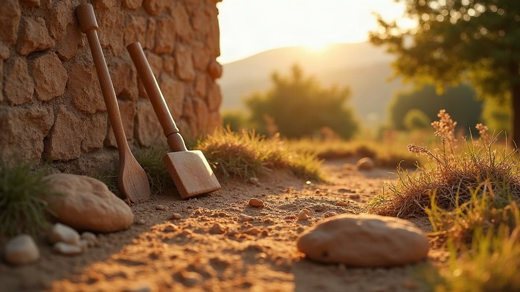 Vacances utiles : chantiers, écolieux, retraites 1 Outils en bois contre un muret en pierre sèche, chantier participatif d'éco-construction