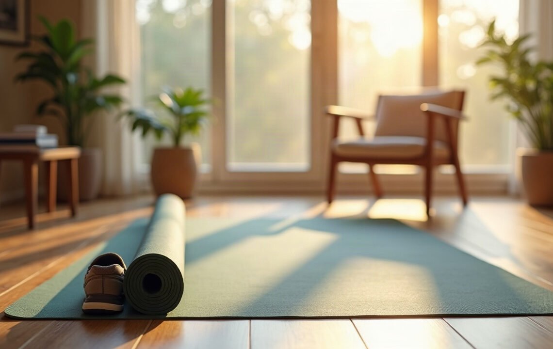 Yoga mal de dos : bouger d’abord 1 Tapis de yoga déroulé près d’une chaise et d’une paire de chaussures dans un salon au petit matin , yoga mal de dos