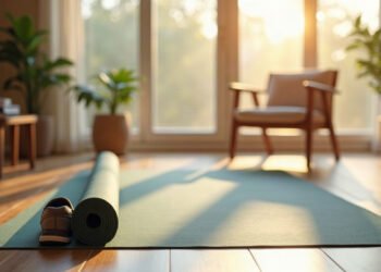 Tapis de yoga déroulé près d’une chaise et d’une paire de chaussures dans un salon au petit matin , yoga mal de dos