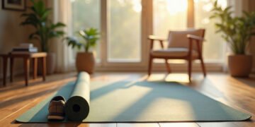Yoga mal de dos : bouger d’abord 6 Tapis de yoga déroulé près d’une chaise et d’une paire de chaussures dans un salon au petit matin , yoga mal de dos