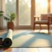 Tapis de yoga déroulé près d’une chaise et d’une paire de chaussures dans un salon au petit matin , yoga mal de dos