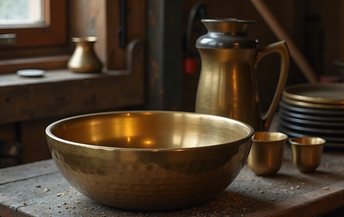 Bol en laiton martelé posé sur un établi de dinandier, parmi une cruche et des assiettes de laiton : bol chantant