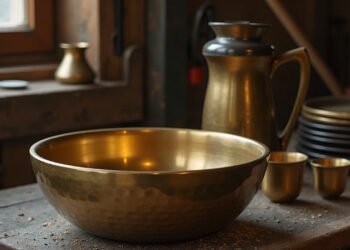 Bol en laiton martelé posé sur un établi de dinandier, parmi une cruche et des assiettes de laiton : bol chantant