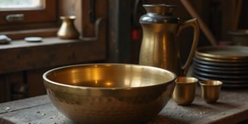 Bol en laiton martelé posé sur un établi de dinandier, parmi une cruche et des assiettes de laiton : bol chantant