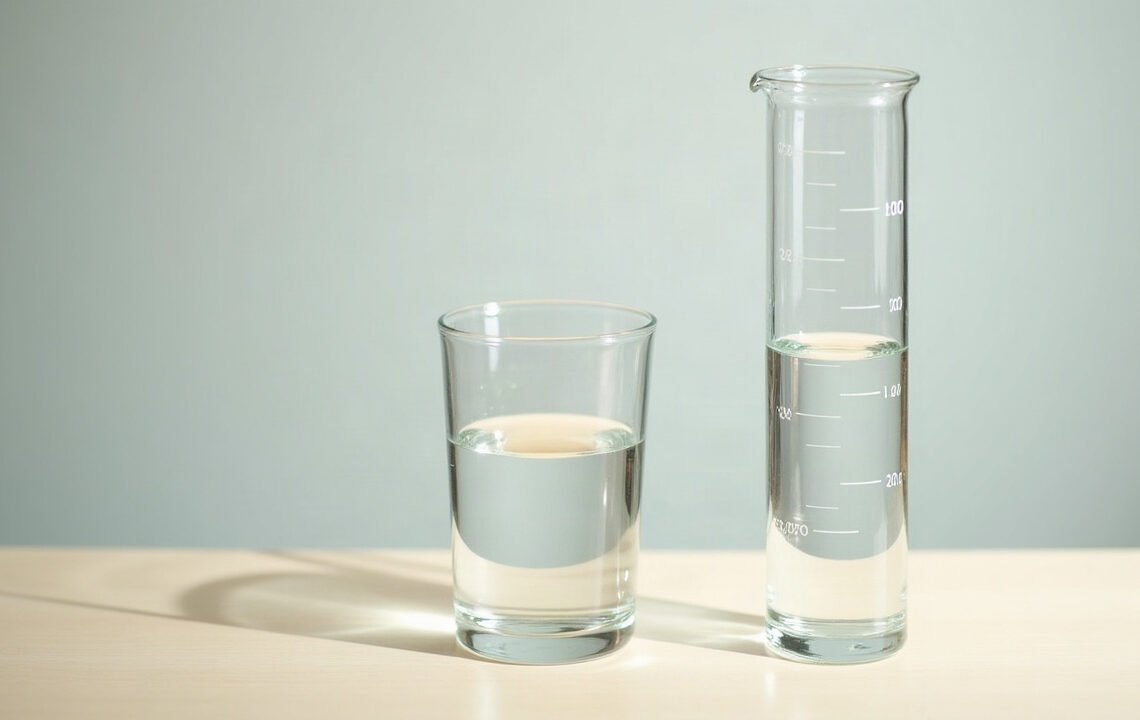 Un verre d’eau et une éprouvette graduée contenant la même eau, sur une table en bois clair : chlore dans l’eau du robinet