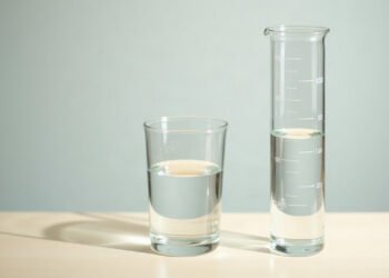 Un verre d’eau et une éprouvette graduée contenant la même eau, sur une table en bois clair : chlore dans l’eau du robinet