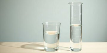 Un verre d’eau et une éprouvette graduée contenant la même eau, sur une table en bois clair : chlore dans l’eau du robinet