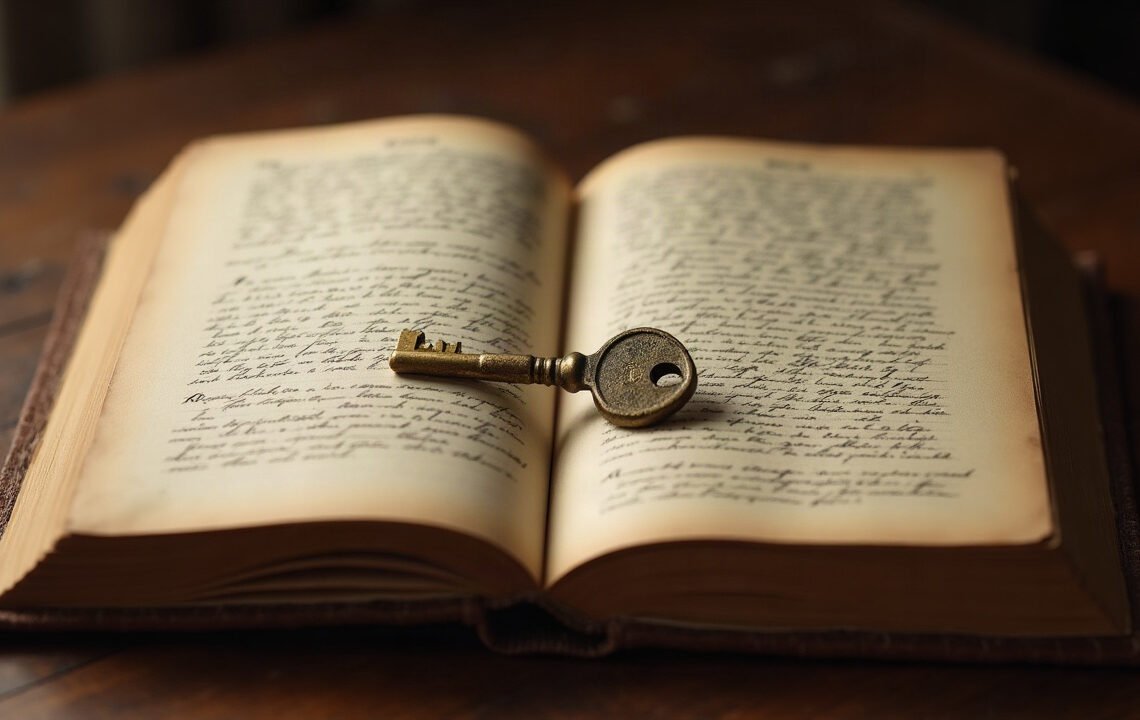 La clé des songes ignore le rêveur 1 Une clé ancienne posée sur un vieux livre ouvert à deux colonnes manuscrites, sans aucune serrure dans le cadre, clé des songes